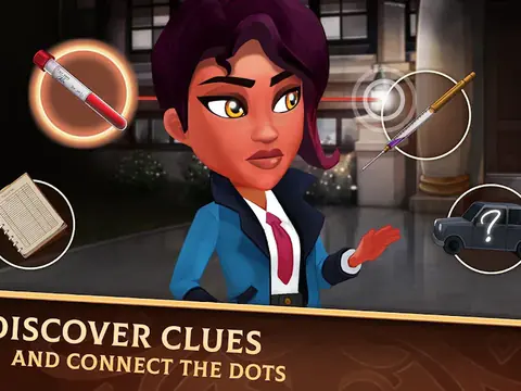Detective Jackie: a sötét hajú Jackie nyomozó kék kosztümben, körülötte megjelölt nyomok