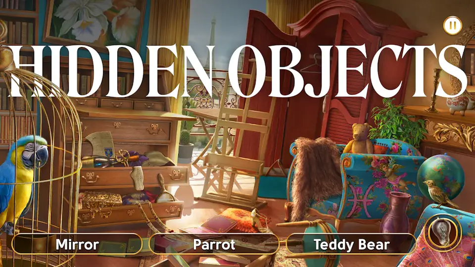 June's Journey jelenet: szalon papagájjal, tükörrel és plüssmackóval, alul a keresendő szavak listája