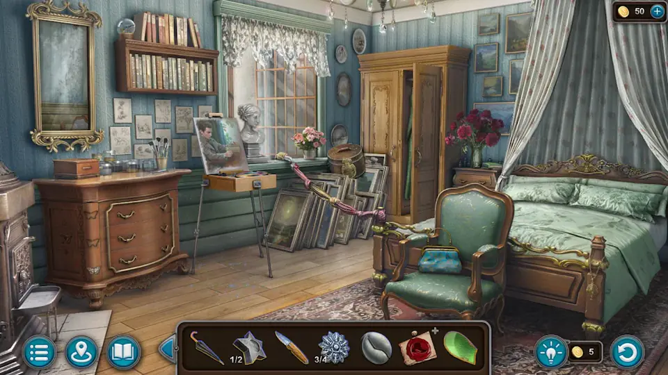 Mystery Detective Adventure 2 jelenet: könyvekkel, festményekkel és függönyökkel teli hálószoba, alul a keresendő tárgyak sávja