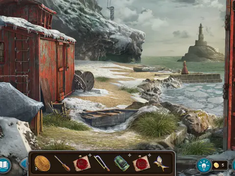 Mystery Detective Adventure 2: behavazott tengerpart piros vasúti kocsival és világítótoronnyal a távolban