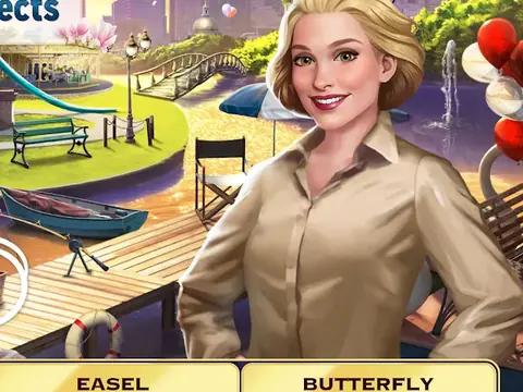 Pearl's Peril: a szőke hajú Pearl Wallace mosolyogva áll egy napsütéses parkban
