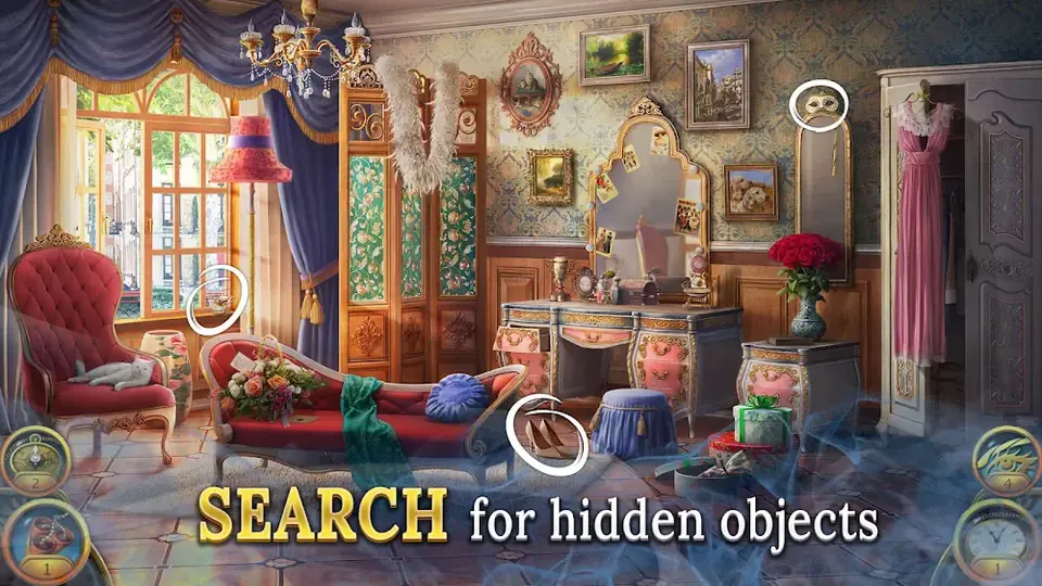The Secret Society jelenet: bordó bársonyfotelekkel és tükörrel berendezett budoár, jelölőkörökkel
